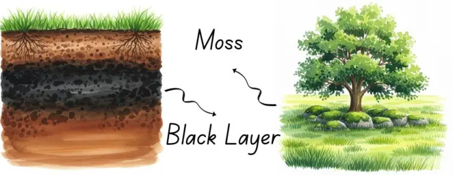 Black layer and moss in a lawn
