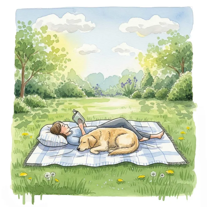 Girl and a dog lying on the lawn