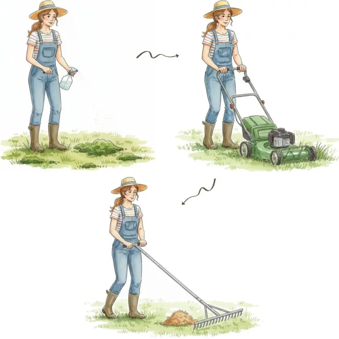 Female gardener scarifying a lawn